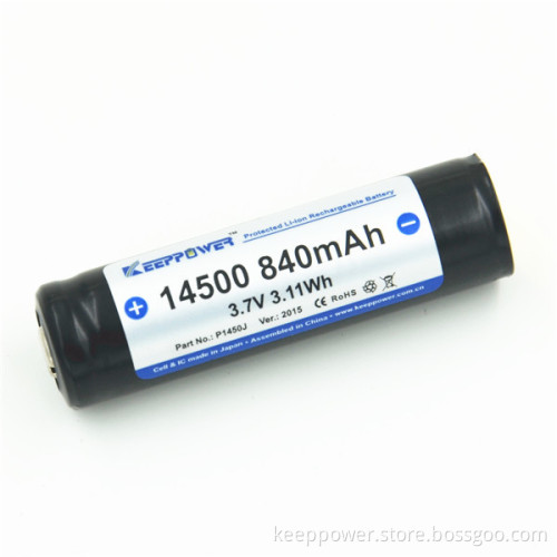 KeepPower 3.7v icr 14500 li-ion rechargeable battery 840mAh protected 14500 battery P1450J
